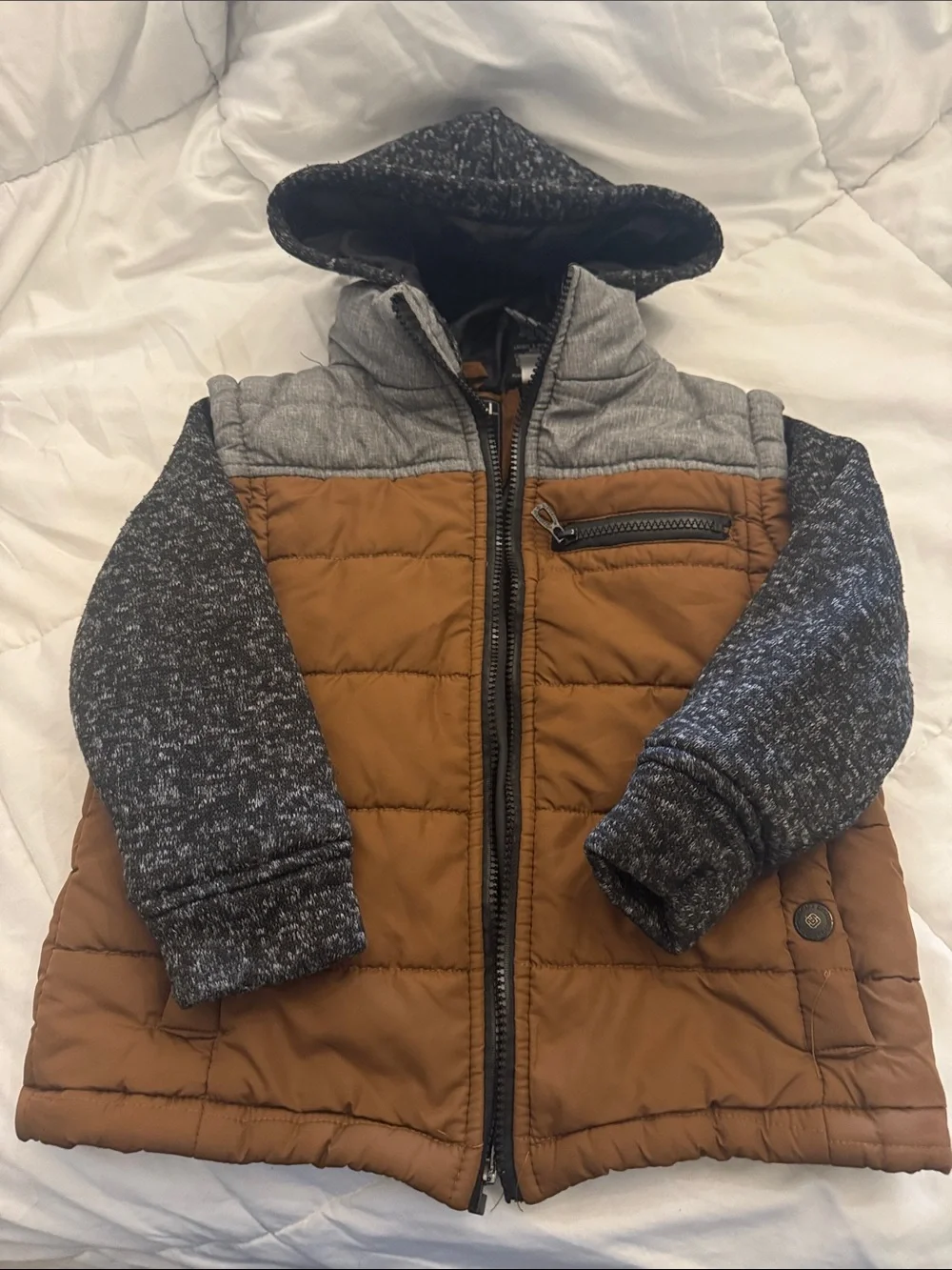 Children's Quilted Hooded Puffer Jacket - Brown & Gray Size 5/6